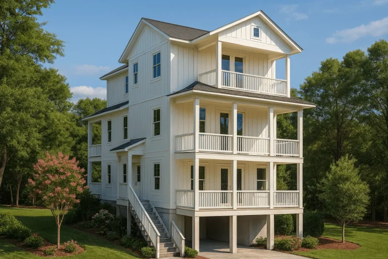 House Plans with Basement Garage 17 Front view of a three-story Coastal Low Country style home featuring modern farmhouse design and crisp white board and batten siding with wraparound porches.