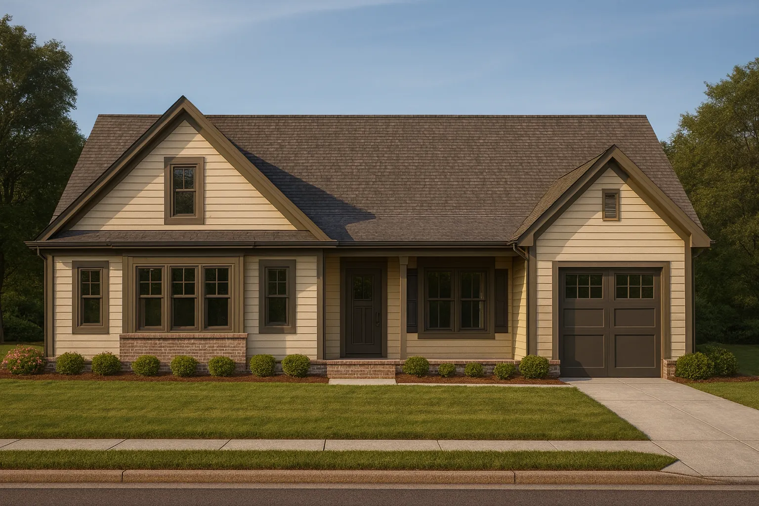 European House Plans 9 Front view of a Traditional Craftsman Ranch style home featuring lap siding, brick foundation accents, and gable detailing with dark trim contrast