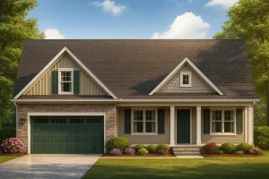Luxury House Plans 13 Front view of a Cape Cod Ranch style home with board and batten, horizontal siding, and stone accents featuring a green garage door and covered porch.