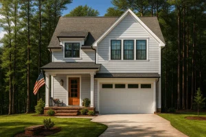 Luxury House Plans 12 Front elevation of a Modern Farmhouse style home featuring white horizontal lap siding, black windows, a two-car garage, and a covered front porch with natural wood door