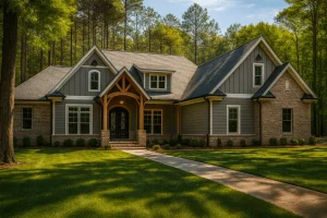 Luxury House Plans 11 Front view of a Craftsman Farmhouse featuring a brick and board-and-batten exterior with timber accents and gabled rooflines
