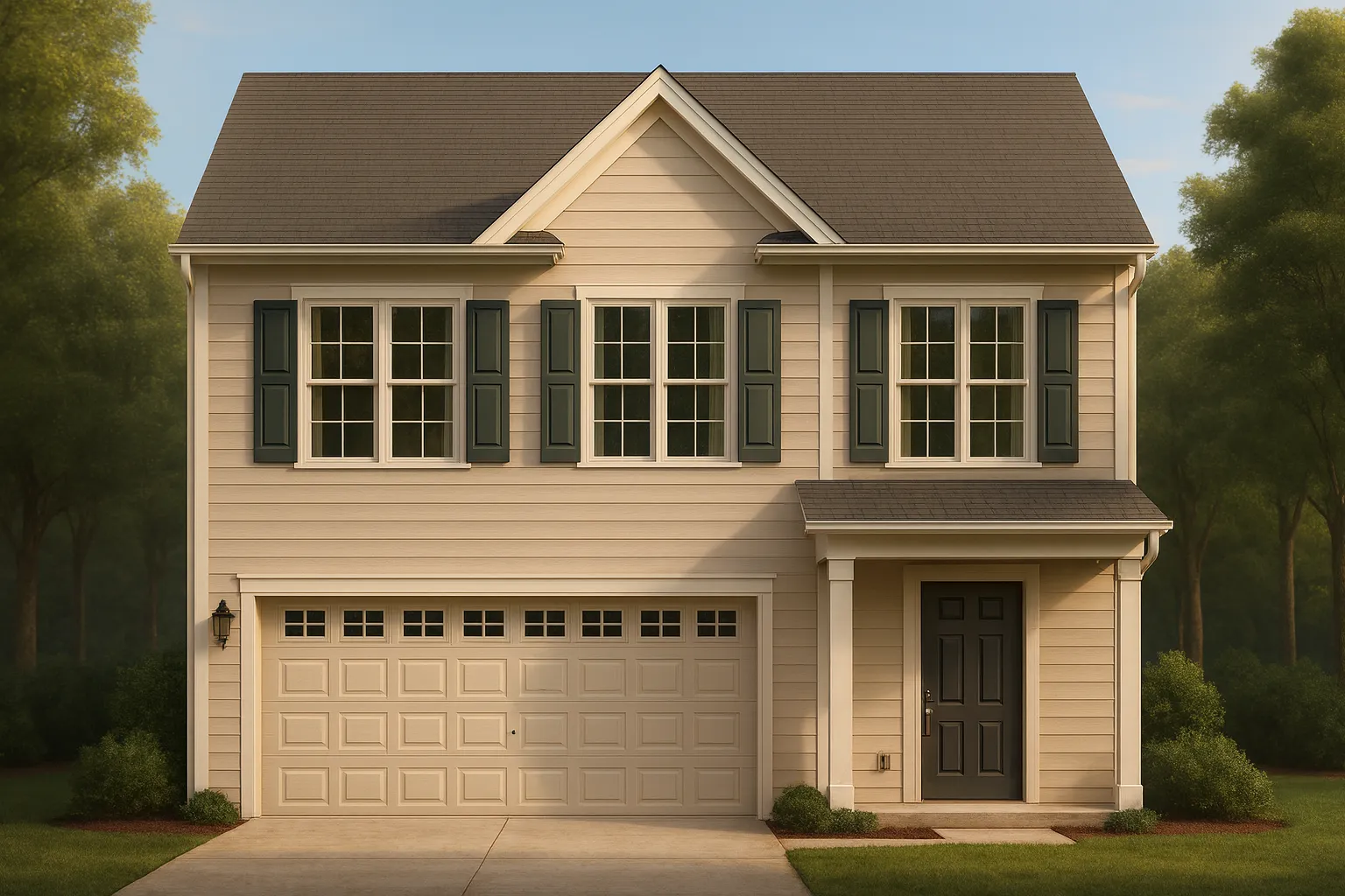 Front elevation of a Traditional Colonial style two-story home featuring beige horizontal siding, dark shutters, and a front-entry garage.