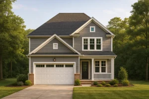 Front view of a Traditional Craftsman style home featuring gray lap and shingle siding, brick base columns, and a welcoming front porch with white trim details.