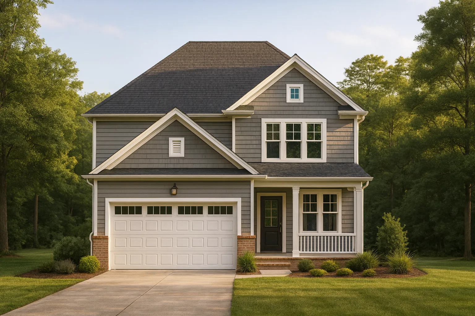 Front view of a Traditional Craftsman style home featuring gray lap and shingle siding, brick base columns, and a welcoming front porch with white trim details.