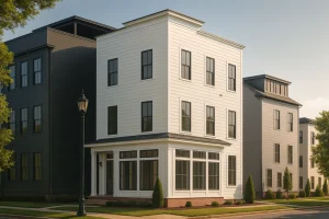 Front elevation of an Urban Contemporary 3-story townhouse with clean lines, horizontal siding, and narrow-lot proportions suited for city living