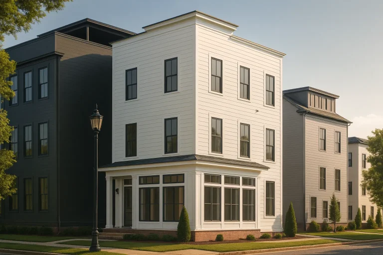 Front elevation of an Urban Contemporary 3-story townhouse with clean lines, horizontal siding, and narrow-lot proportions suited for city living
