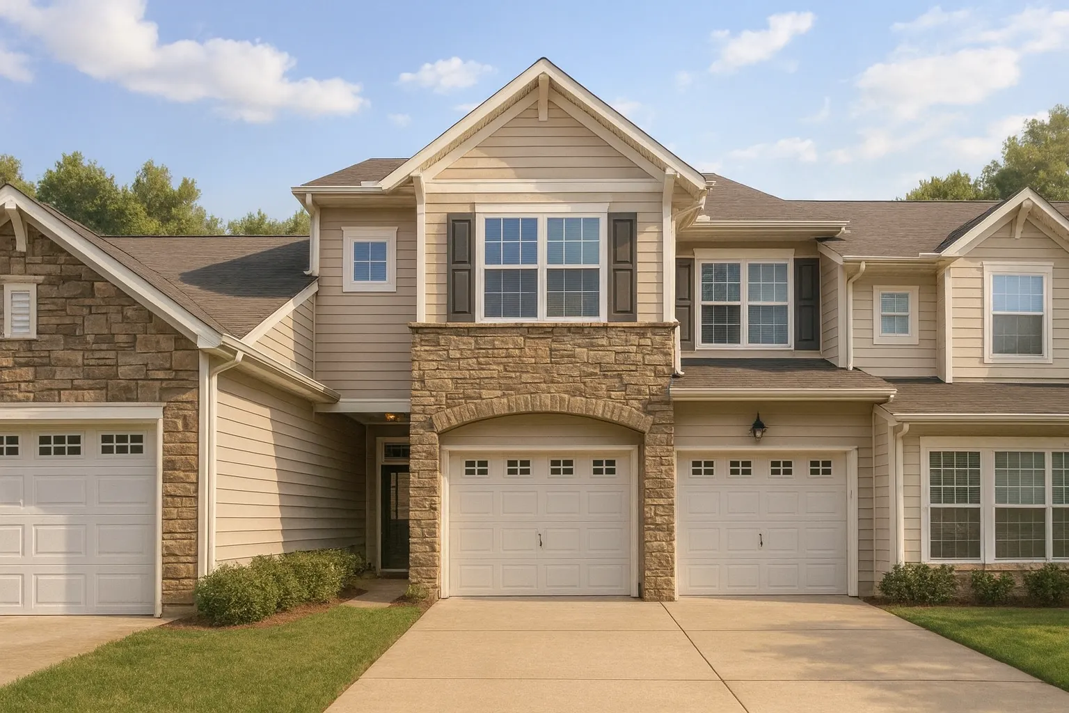 Front exterior of a New American style townhome featuring horizontal siding, stone accents, multi-car garages, and balanced traditional architecture
