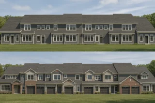 Front view of a Traditional Suburban style townhome featuring stone veneer and horizontal siding with symmetrical Colonial-inspired detailing
