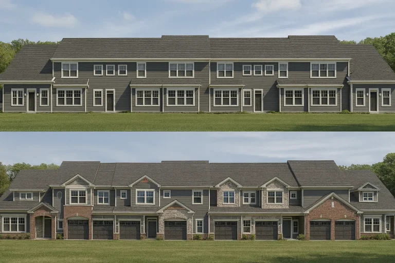 House Plans with Basement Garage 8 Front view of a Traditional Suburban style townhome featuring stone veneer and horizontal siding with symmetrical Colonial-inspired detailing