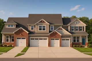Front elevation of a two-story Traditional Suburban townhome featuring a balanced blend of stone and horizontal siding with double garage and upper gable windows.