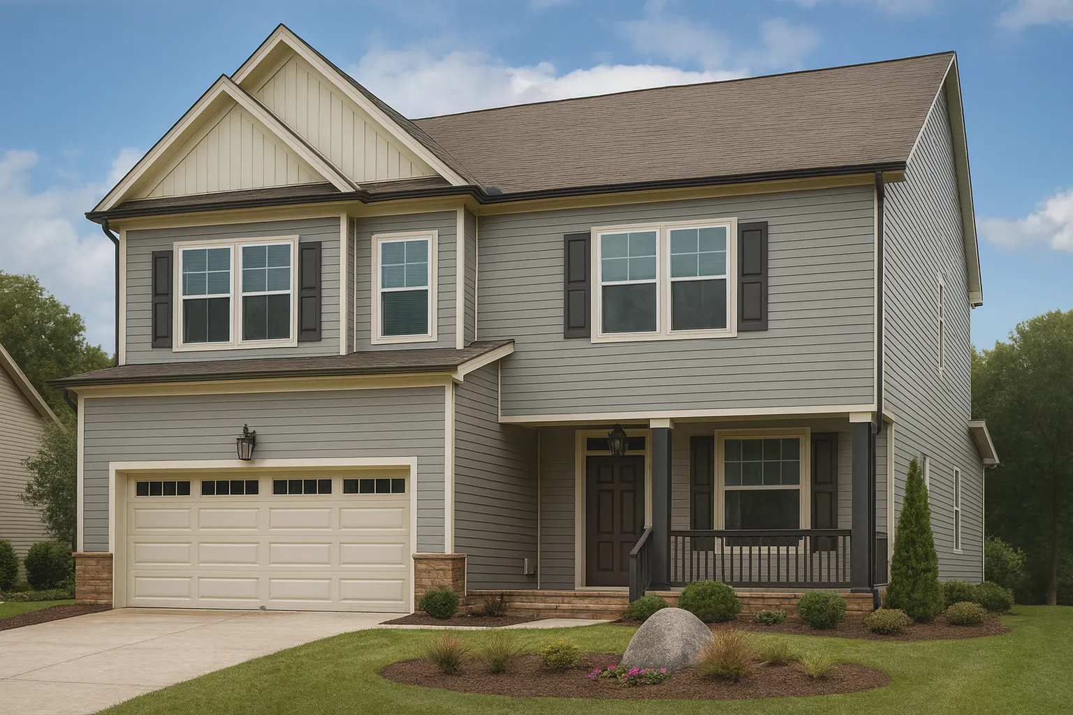 European House Plans 7 Front view of a Traditional New American style home featuring horizontal siding, board and batten accents, and a stone base with a two-car garage and covered porch entry.