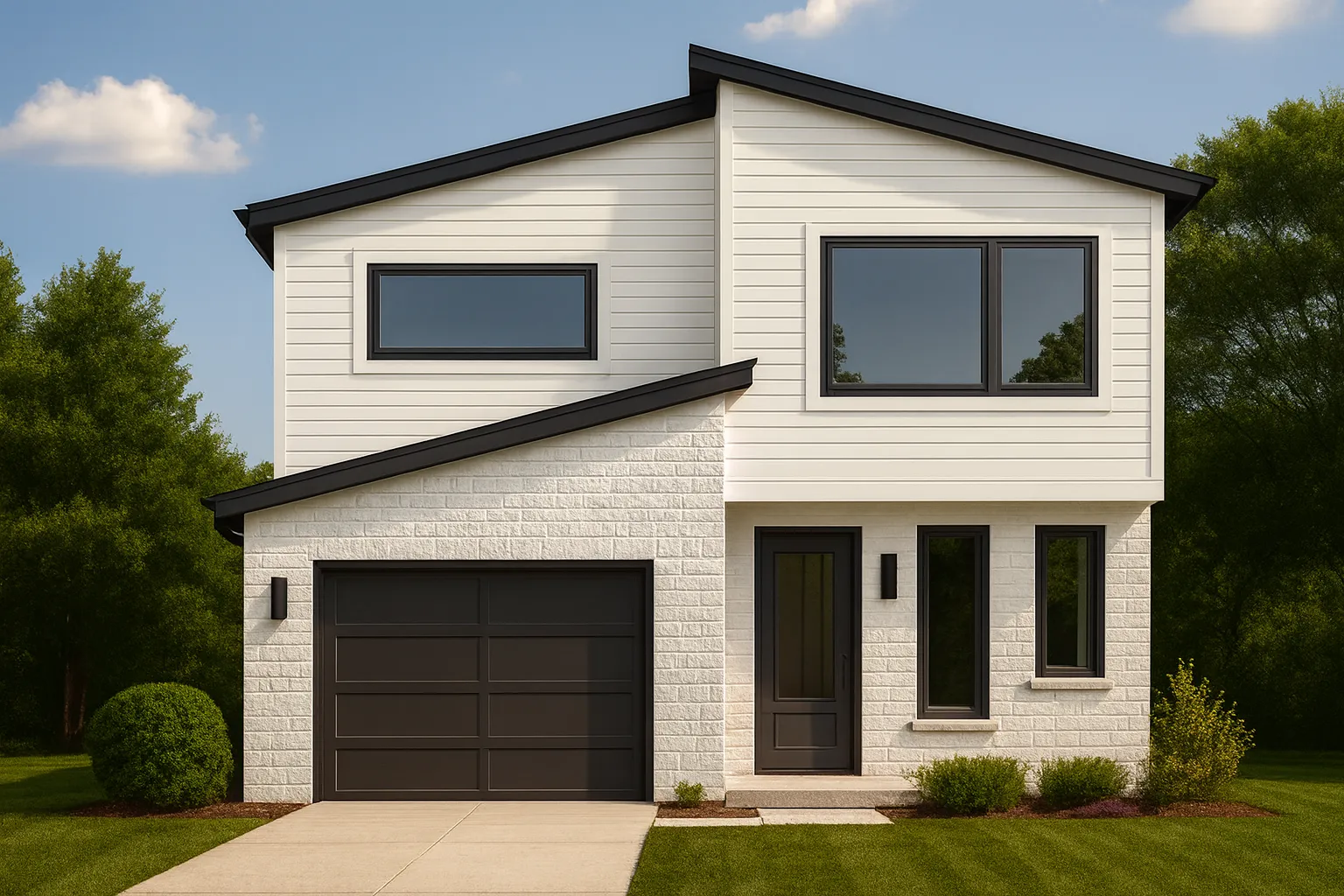 Front elevation of a modern contemporary two-story home featuring stone and horizontal siding, asymmetrical rooflines, and large windows for natural light