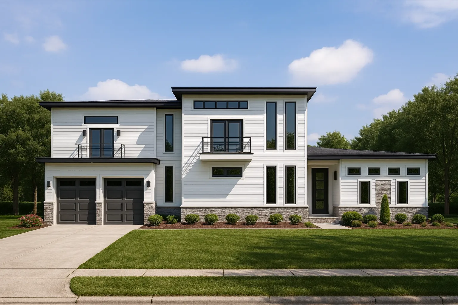 Front elevation of a modern contemporary two-story home with horizontal siding and stone detailing, flat rooflines, and expansive modern windows.