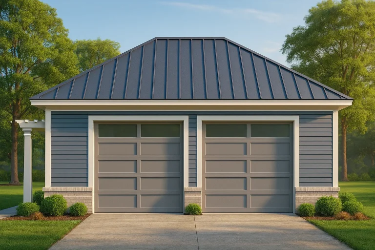 Front elevation of a Coastal Carriage House style garage with horizontal lap siding, standing seam metal roof, and two symmetrical garage doors