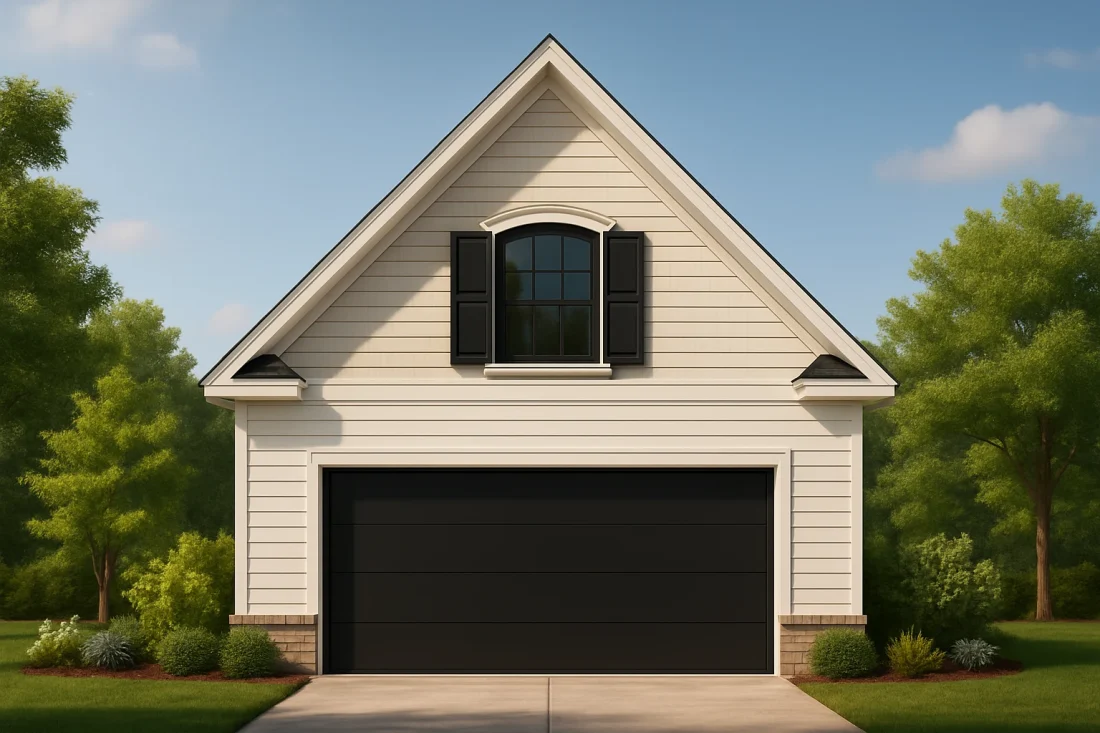 Front elevation of a Carriage House style garage apartment featuring white horizontal siding, black garage door, and upper-level dormer window