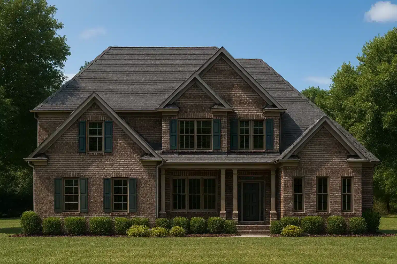Front elevation of a Traditional Colonial style home featuring classic red brick exterior, multi-pane windows, and a balanced symmetrical façade