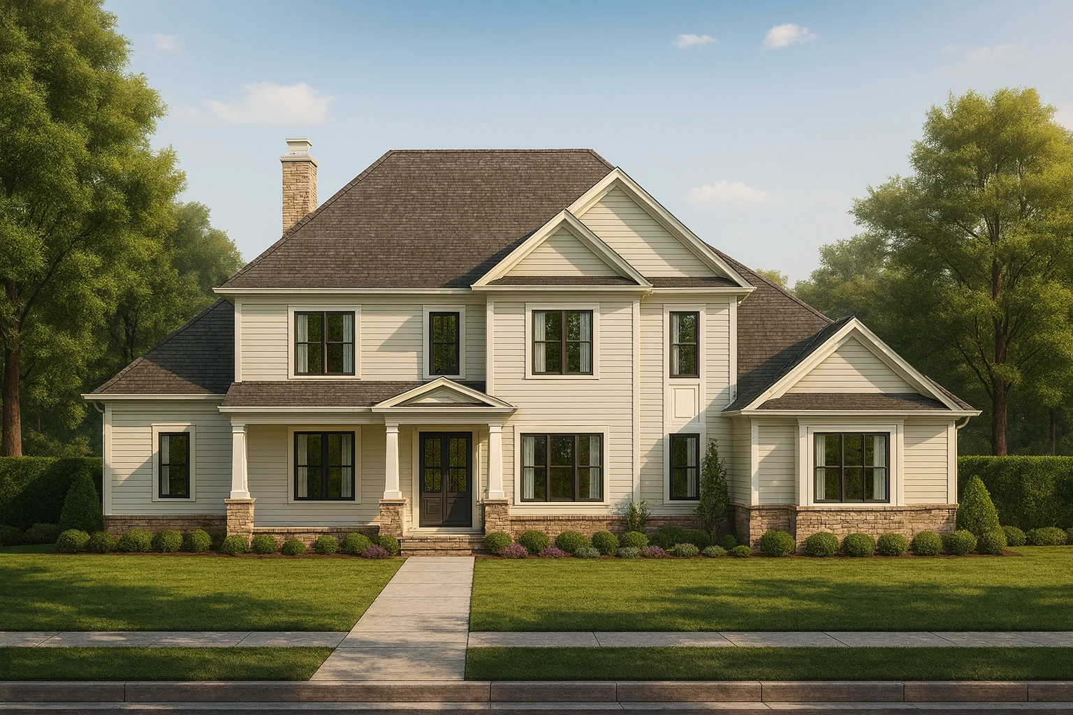 Front elevation of a Traditional Colonial style home with symmetrical design, horizontal siding, board-and-batten accents, and covered entry porch