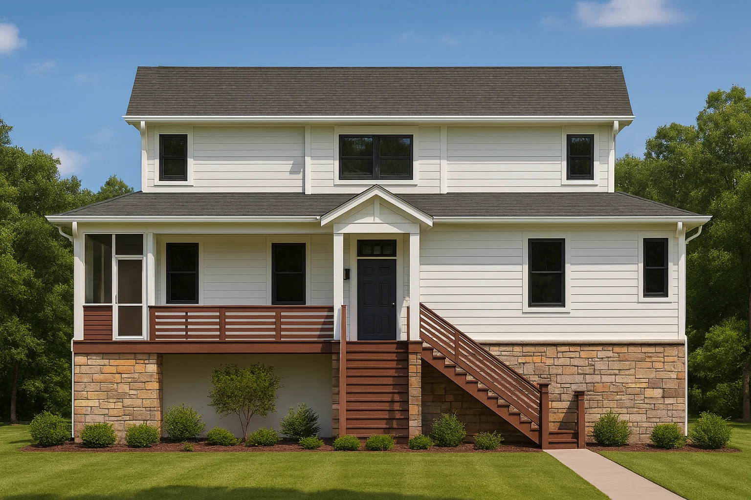 Front elevation of a Low Country coastal traditional home with horizontal siding, raised brick foundation, and covered front porch