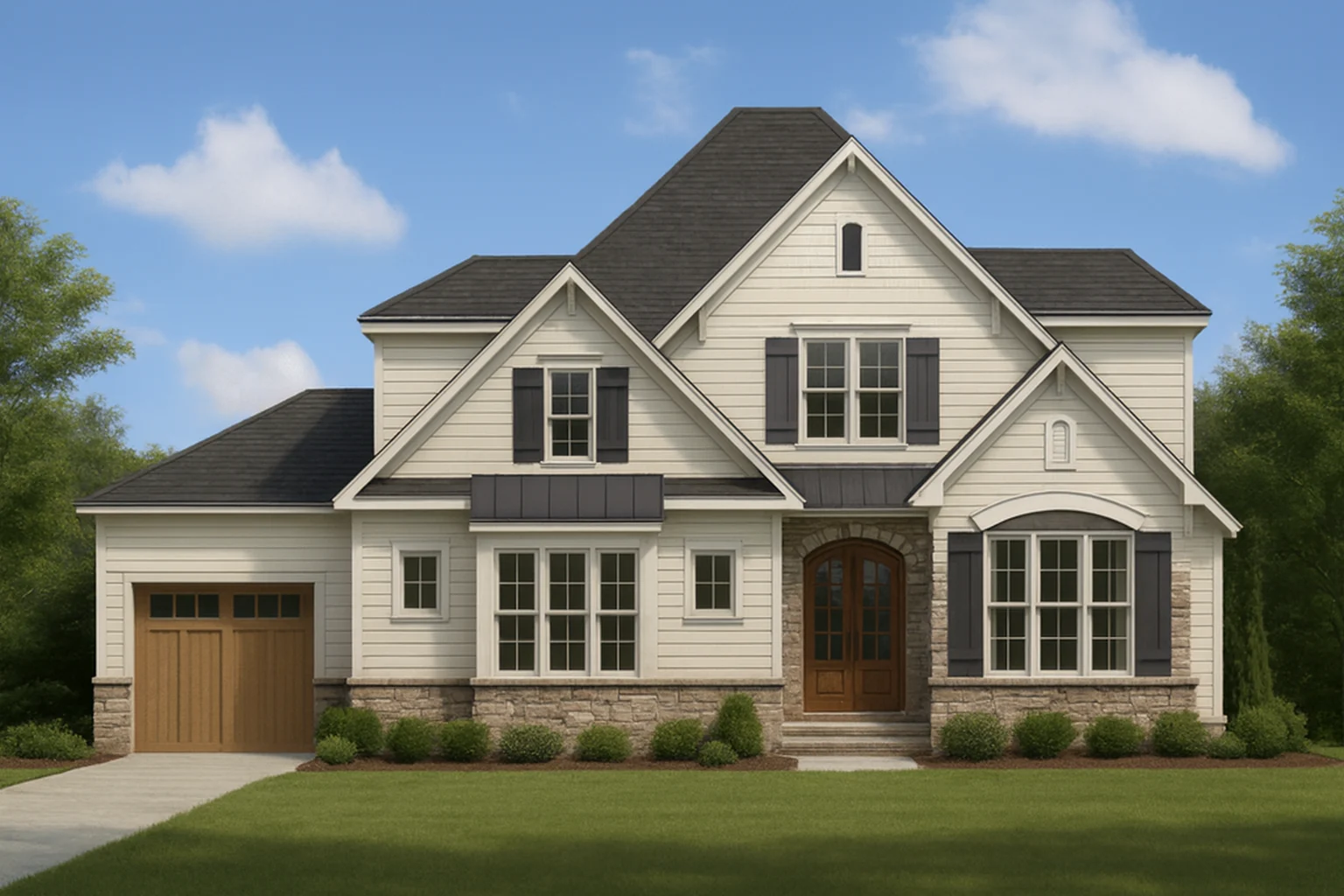 Front elevation of a New American style home with lap siding, board-and-batten details, stone accents, and a welcoming covered entry