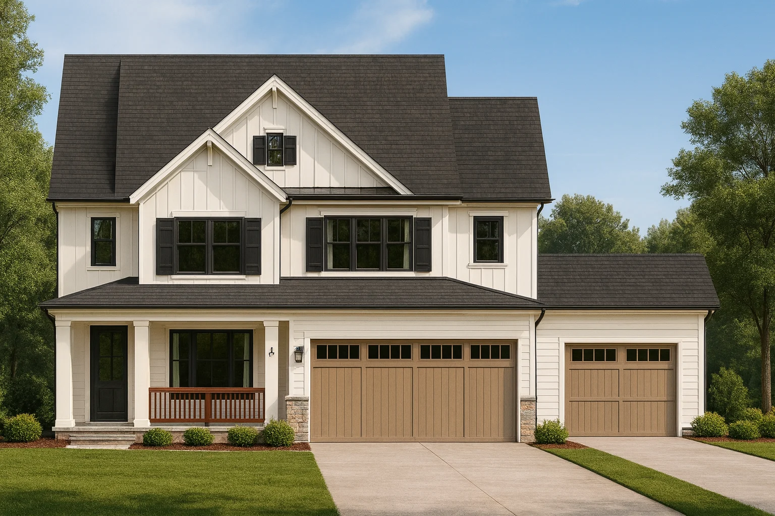 Front elevation of a New American modern traditional house with board and batten siding, gabled rooflines, and covered front porch