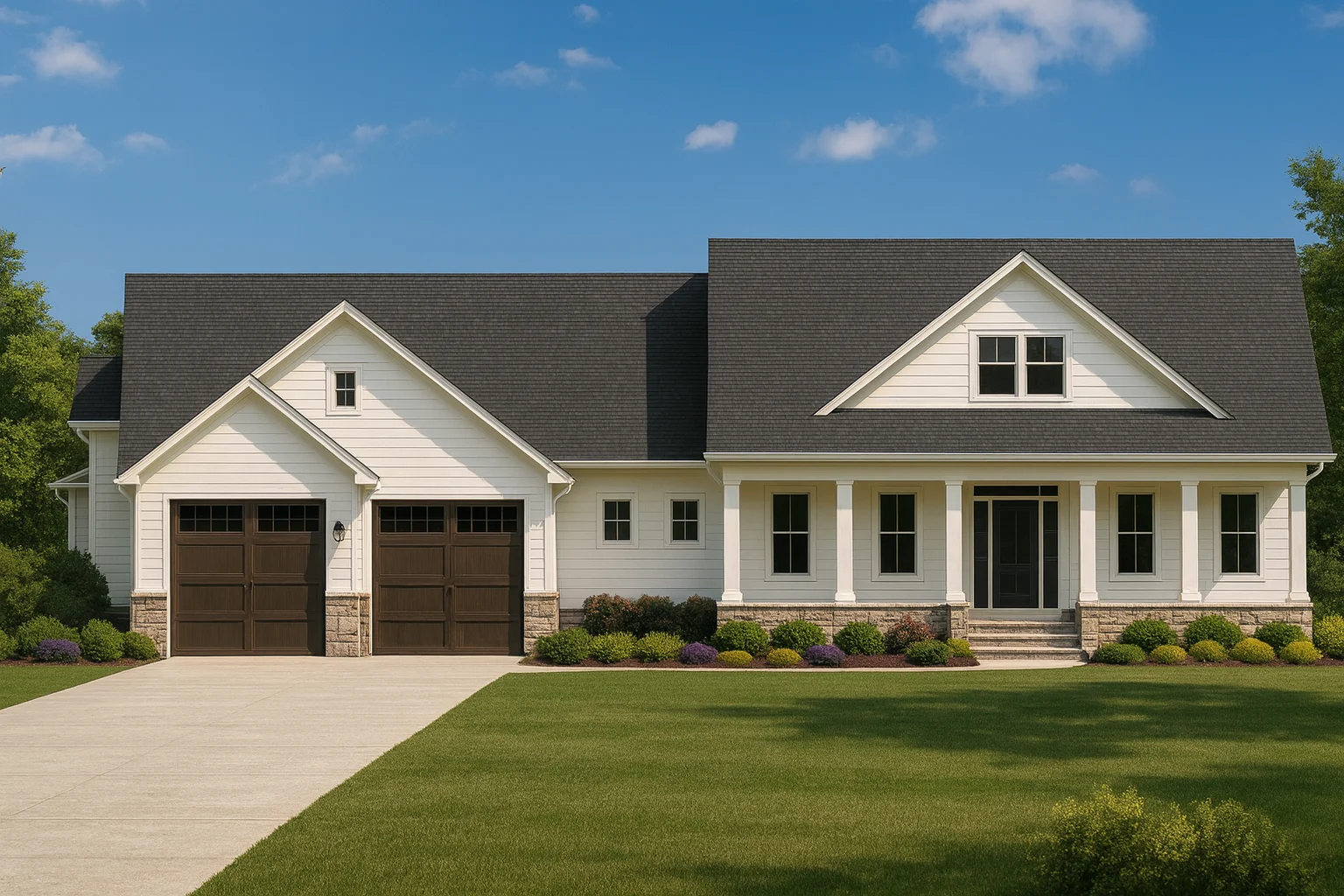 Front elevation of a modern farmhouse style home with board and batten siding, gabled rooflines, front porch, and attached garage