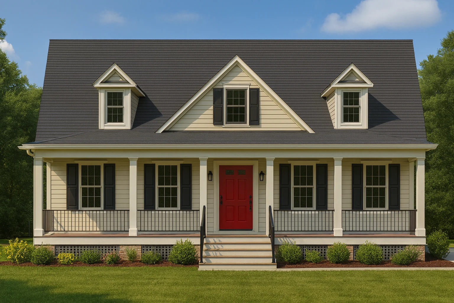 Affordable House Plans 15 Front elevation of a Cape Cod style home featuring horizontal siding, symmetrical dormers, a covered front porch, and classic red entry door