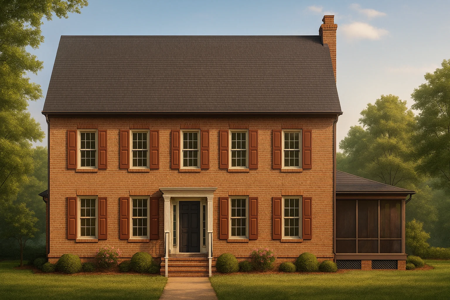 Front elevation of a Georgian Colonial style home with red brick exterior, symmetrical window placement, central entry door, and classic shutters