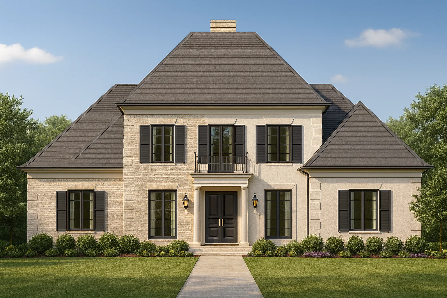 Front elevation of a French Provincial style home featuring stone and stucco exterior, steep hipped roof, symmetrical windows, and classic European detailing