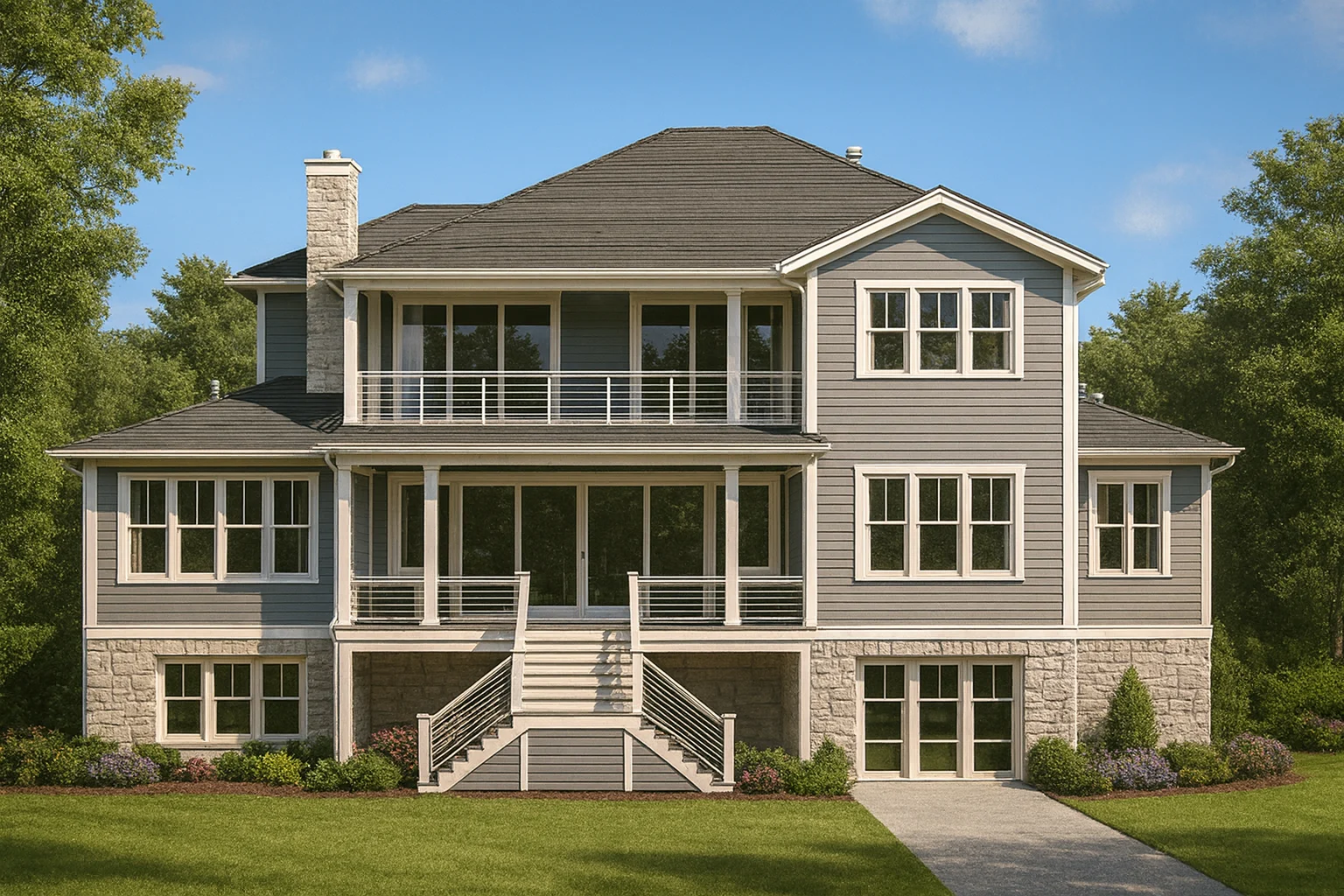Front elevation of a coastal shingle style home featuring horizontal siding, double stacked porches, elevated foundation, and Southern Low Country architecture