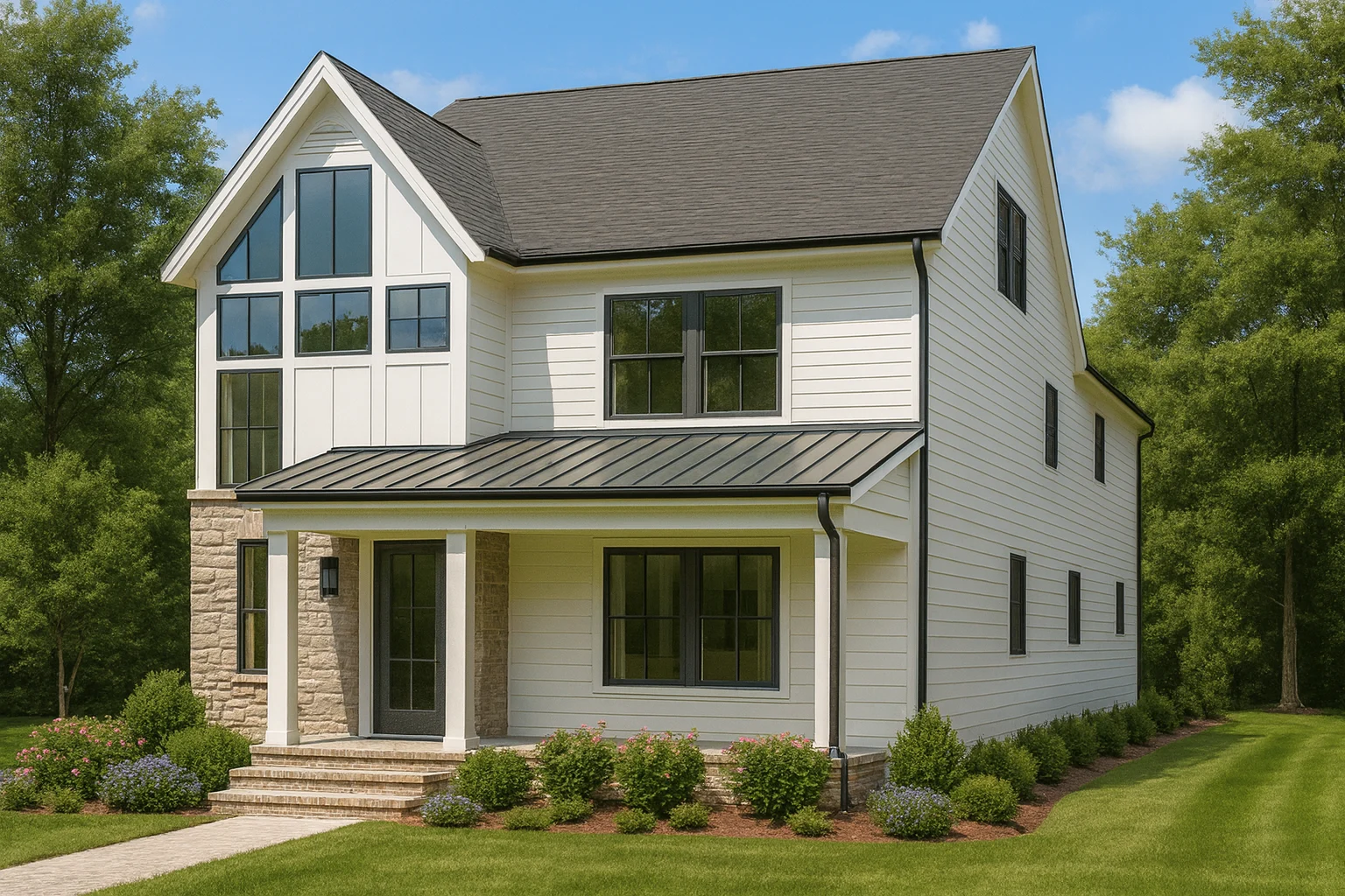 Front exterior view of a Modern Farmhouse style home with board and batten siding, horizontal lap siding, stone accents, and a covered front porch