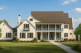 House Plans with Balcony or Deck 4 2-Story Cabin House Plan with Open Floor Plan & Basement