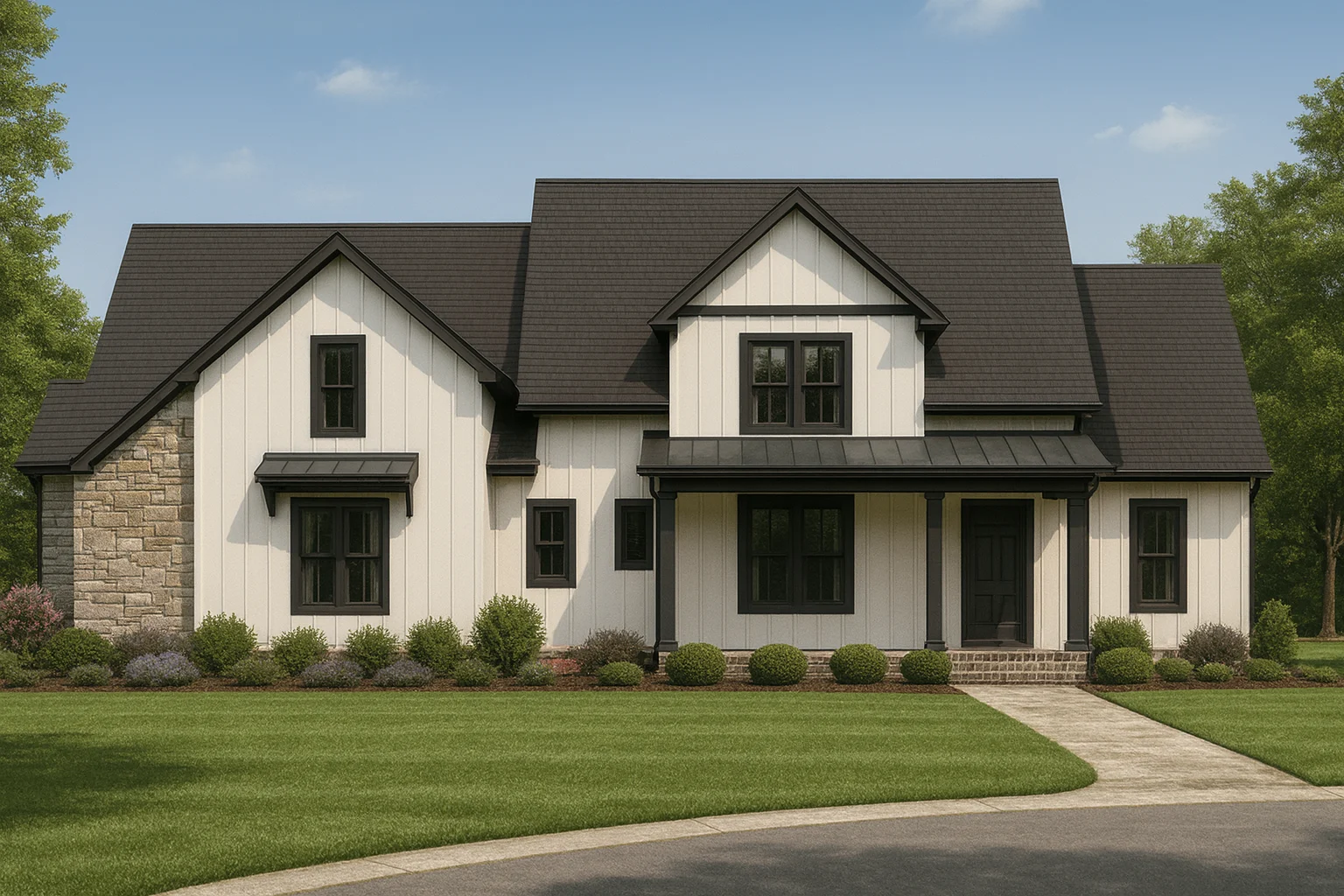 6 Bedroom House Plans 19 Front elevation of a Modern Farmhouse style home featuring board and batten siding, stone accents, dark windows, and a covered porch
