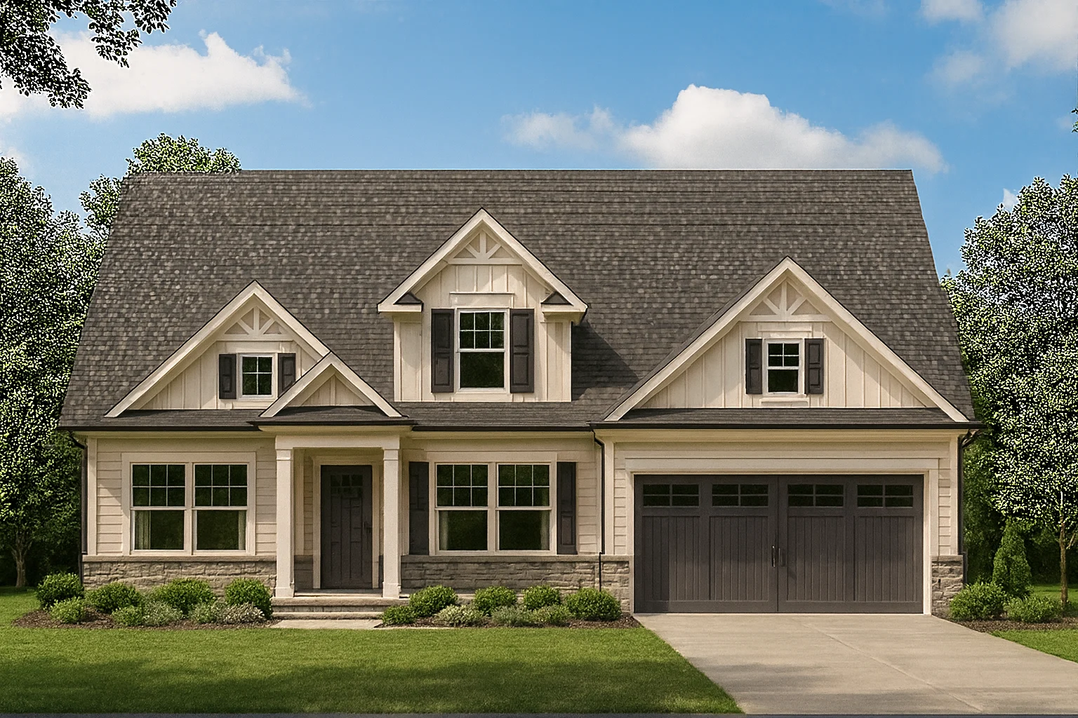 Front elevation of a New American Modern Traditional house with Cape Cod detailing, horizontal siding, shingle accents, and attached two-car garage