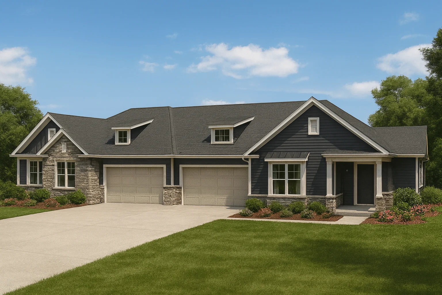 Front elevation of a New American Craftsman style ranch home with stone accents, horizontal siding, gabled rooflines, and attached garage