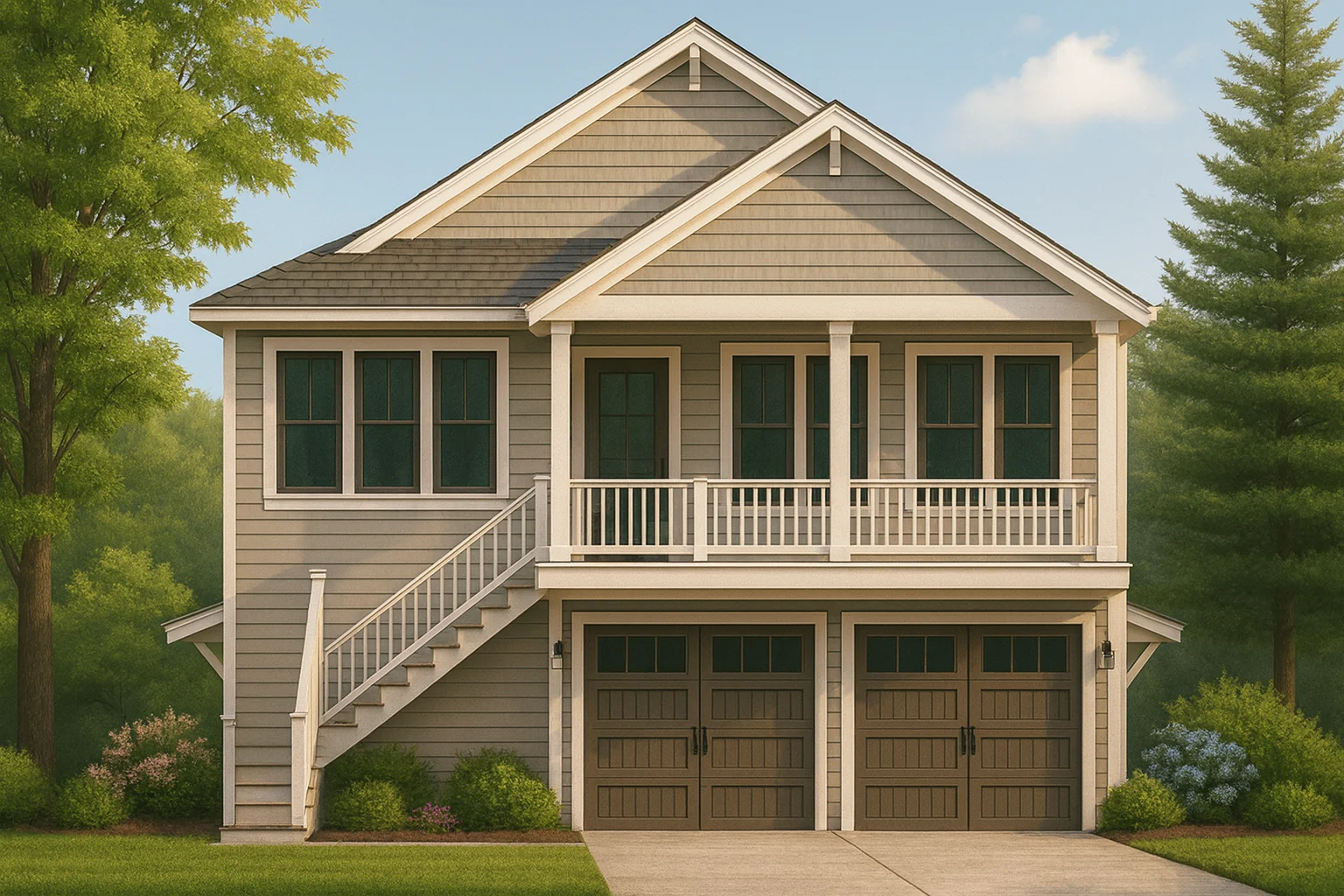 Front elevation of a Coastal Traditional garage apartment with lap siding, covered balcony, exterior stair, and dual garage bays