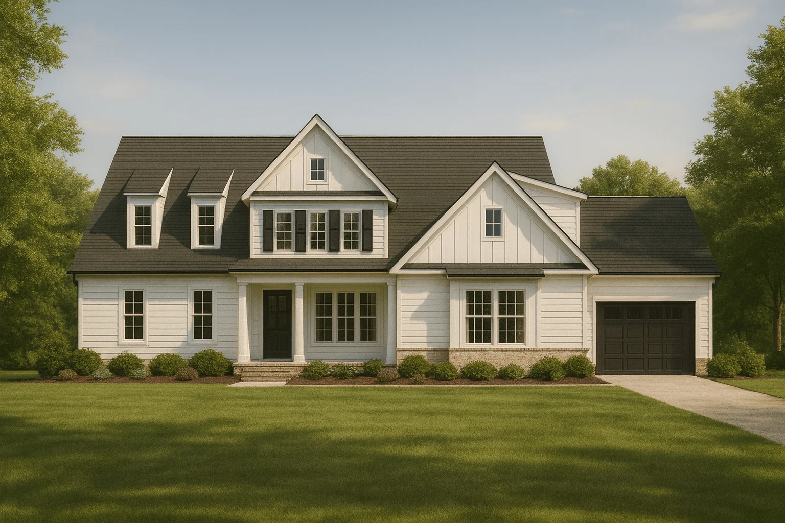 Front elevation of a Modern Farmhouse style home with white board and batten siding, dark gable roof, symmetrical windows, and an attached garage