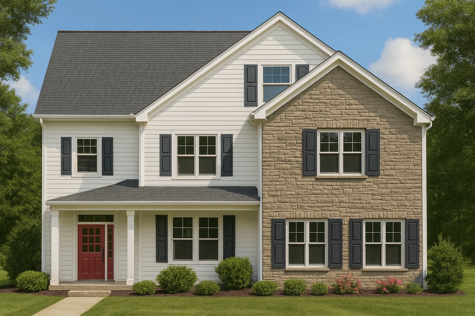 Front elevation of a Traditional Colonial style home with brick exterior, white horizontal siding, black shutters, and covered front porch