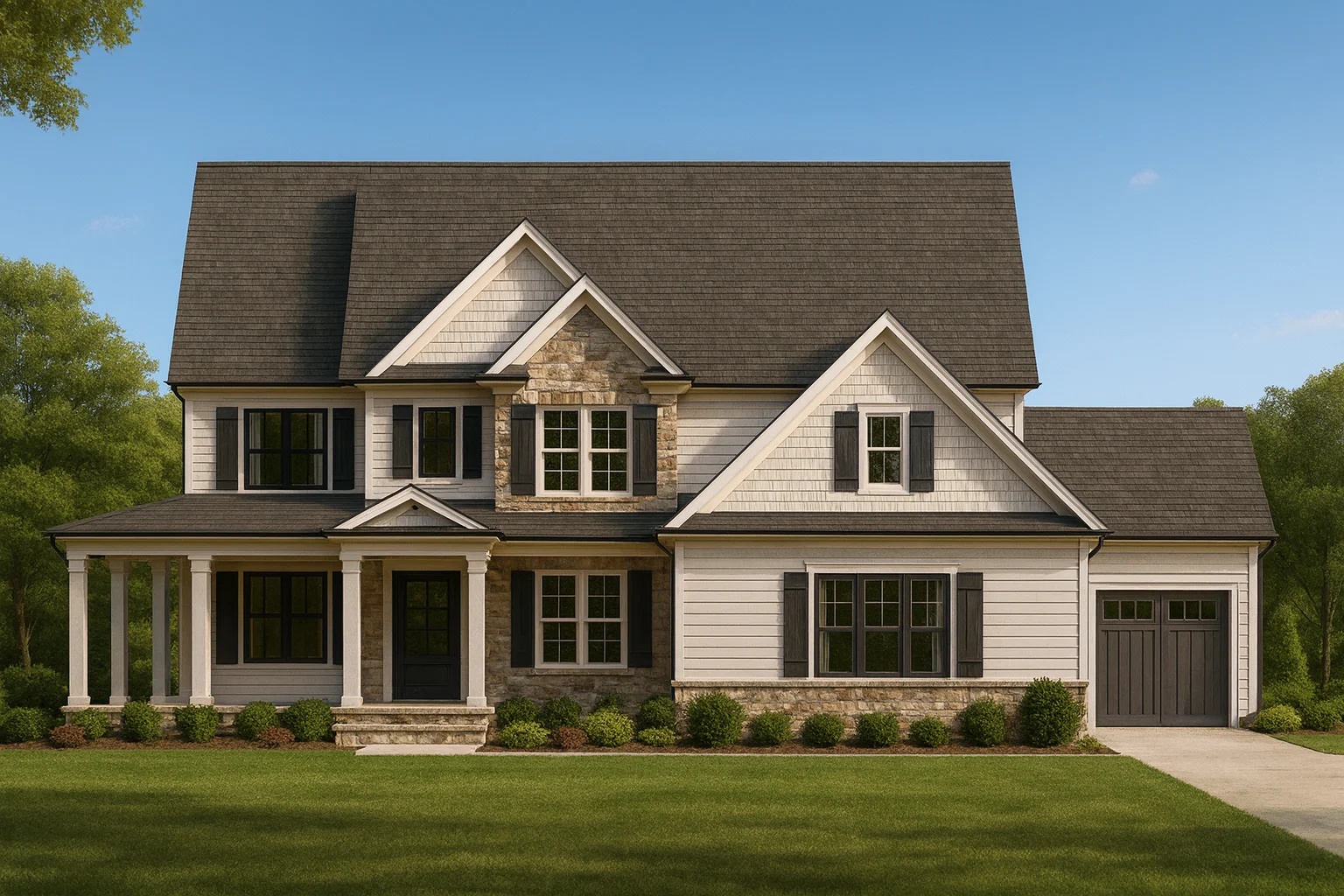 Front exterior view of a Modern Farmhouse style home with white horizontal siding, stone accents, black shutters, and a covered front porch