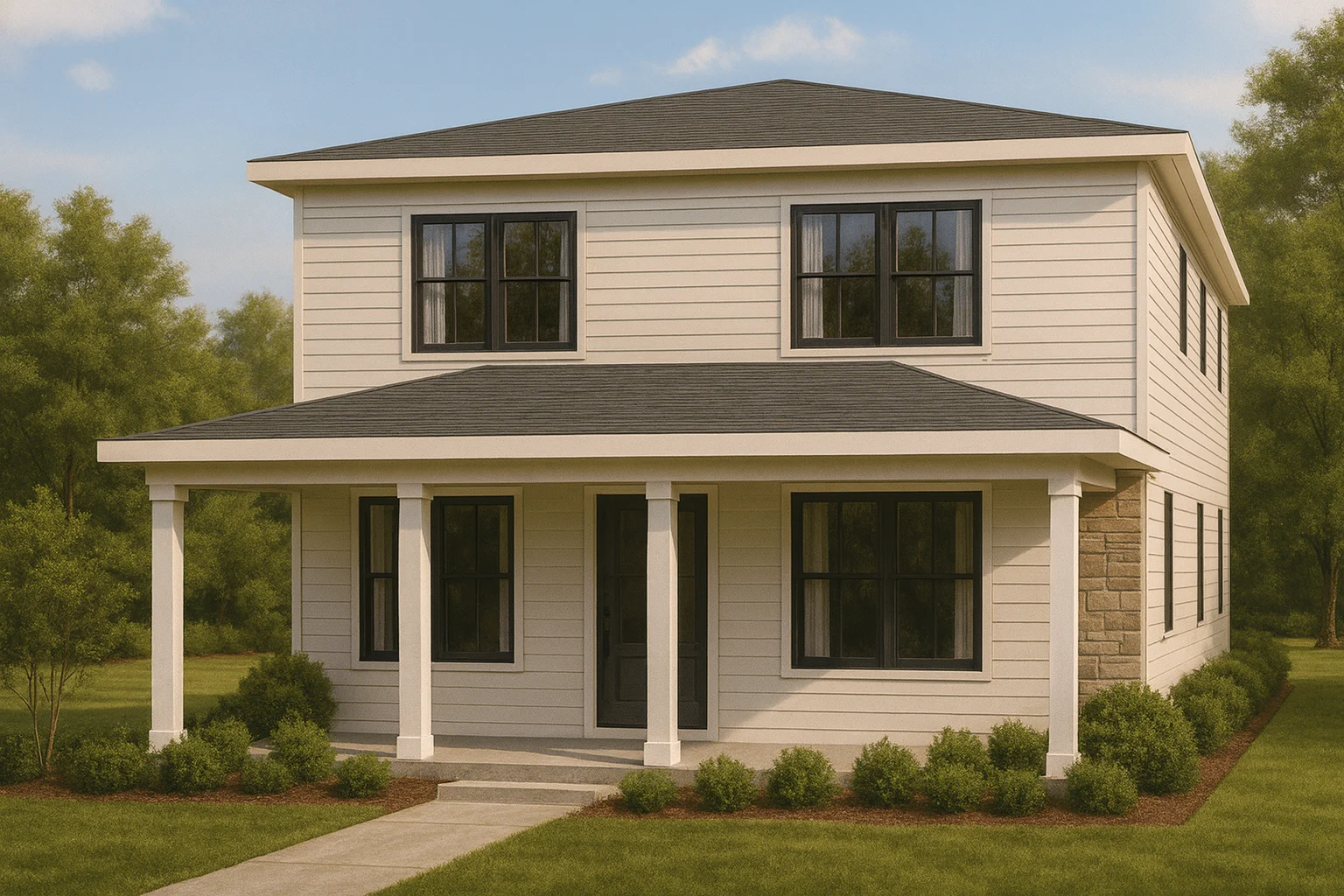 Front elevation of New American style two-story home with horizontal lap siding, symmetrical windows, and full-width covered front porch