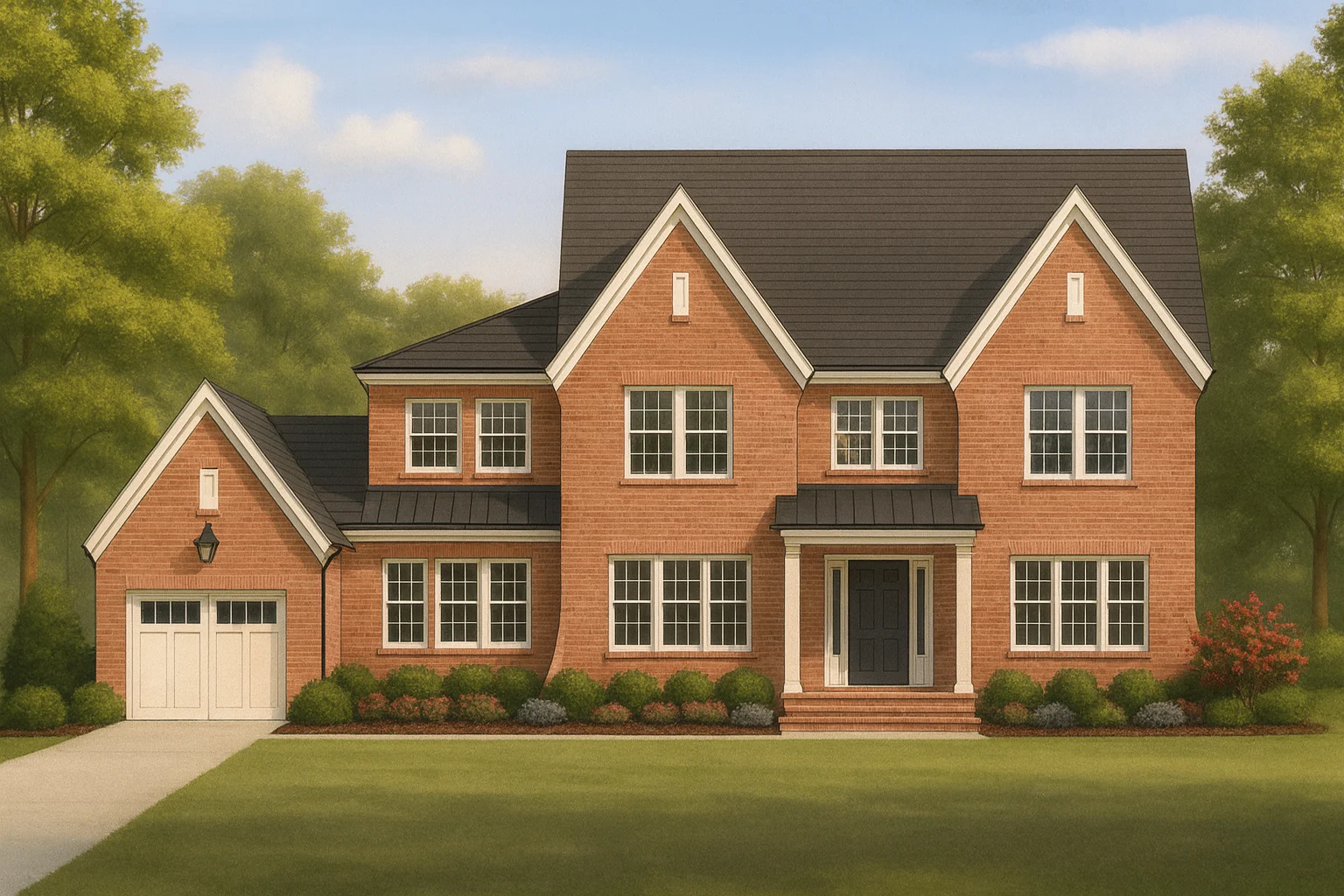 Front elevation of a Traditional Colonial style brick home with symmetrical windows, gabled rooflines, and classic entry detailing