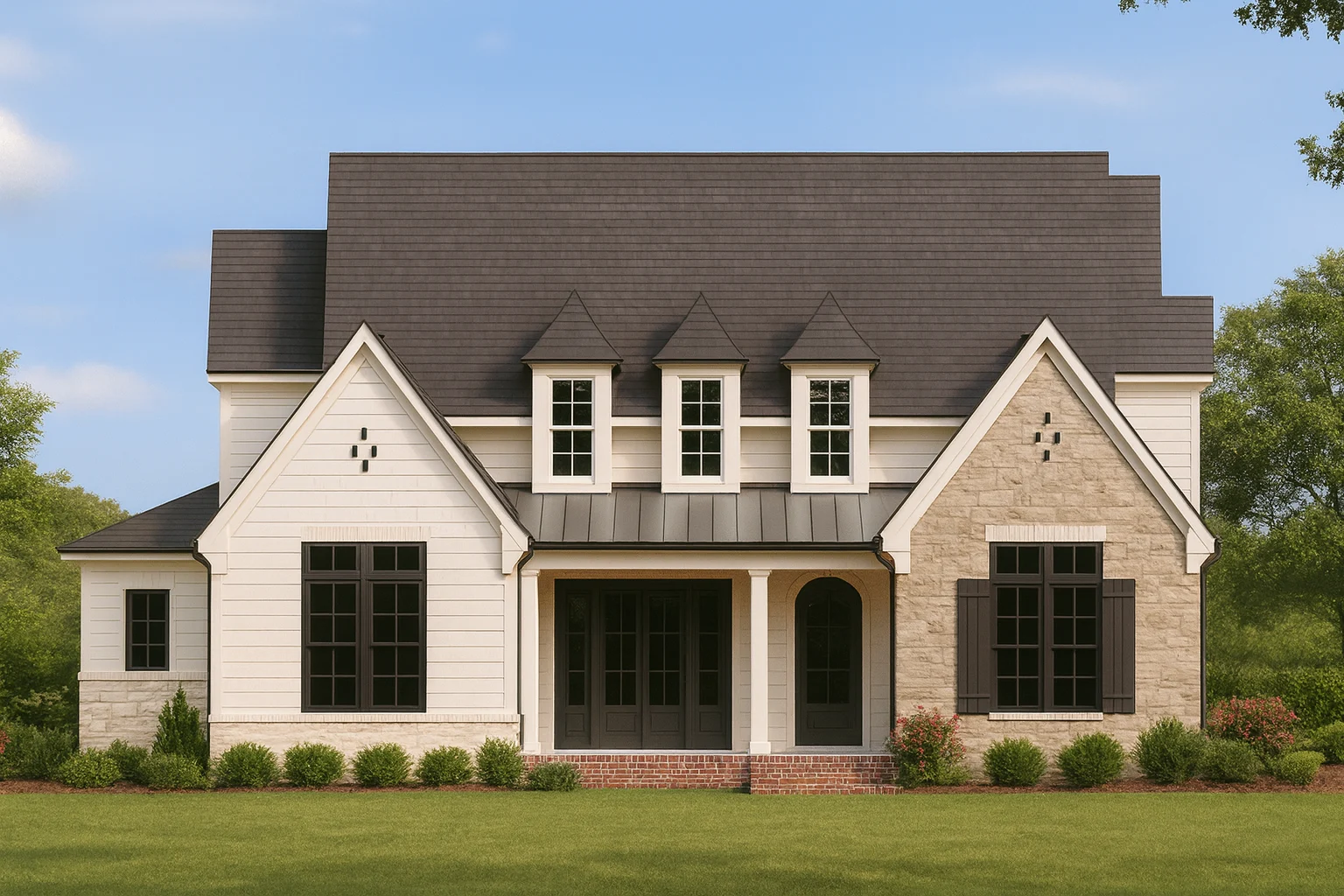 Front elevation of Modern Farmhouse home with board and batten siding, stone veneer, gabled rooflines, and covered front porch