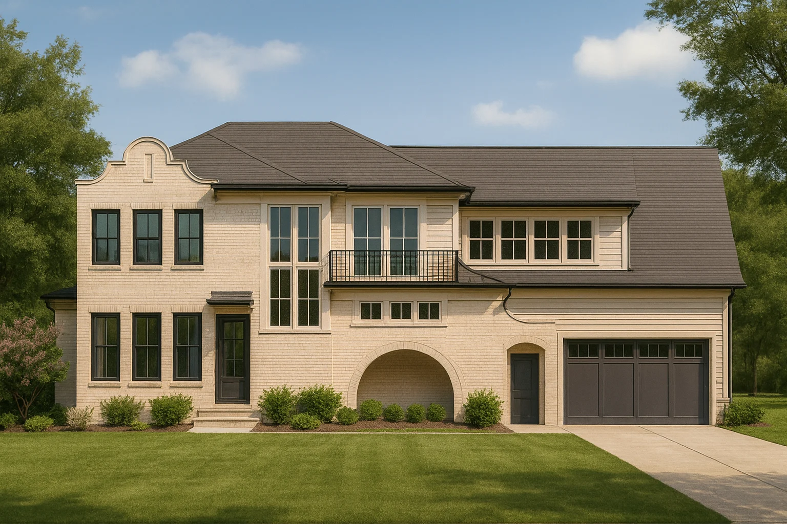 Front elevation of New American modern traditional home with painted brick exterior, arched entryway, black framed windows, and side-entry garage