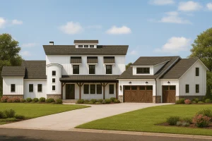 Front view of Modern Farmhouse with board and batten siding, stone accents, and three-car garage featuring rustic wood doors