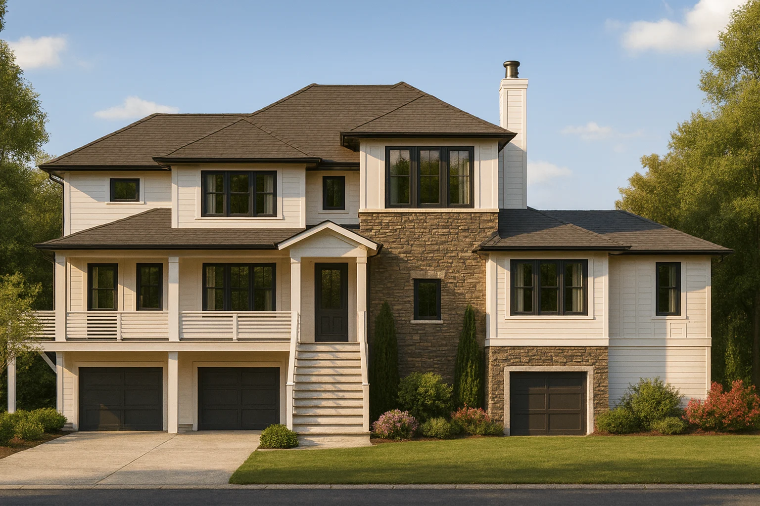 Front elevation of a New American Transitional style house with stone veneer, horizontal siding, elevated entry, and symmetrical windows