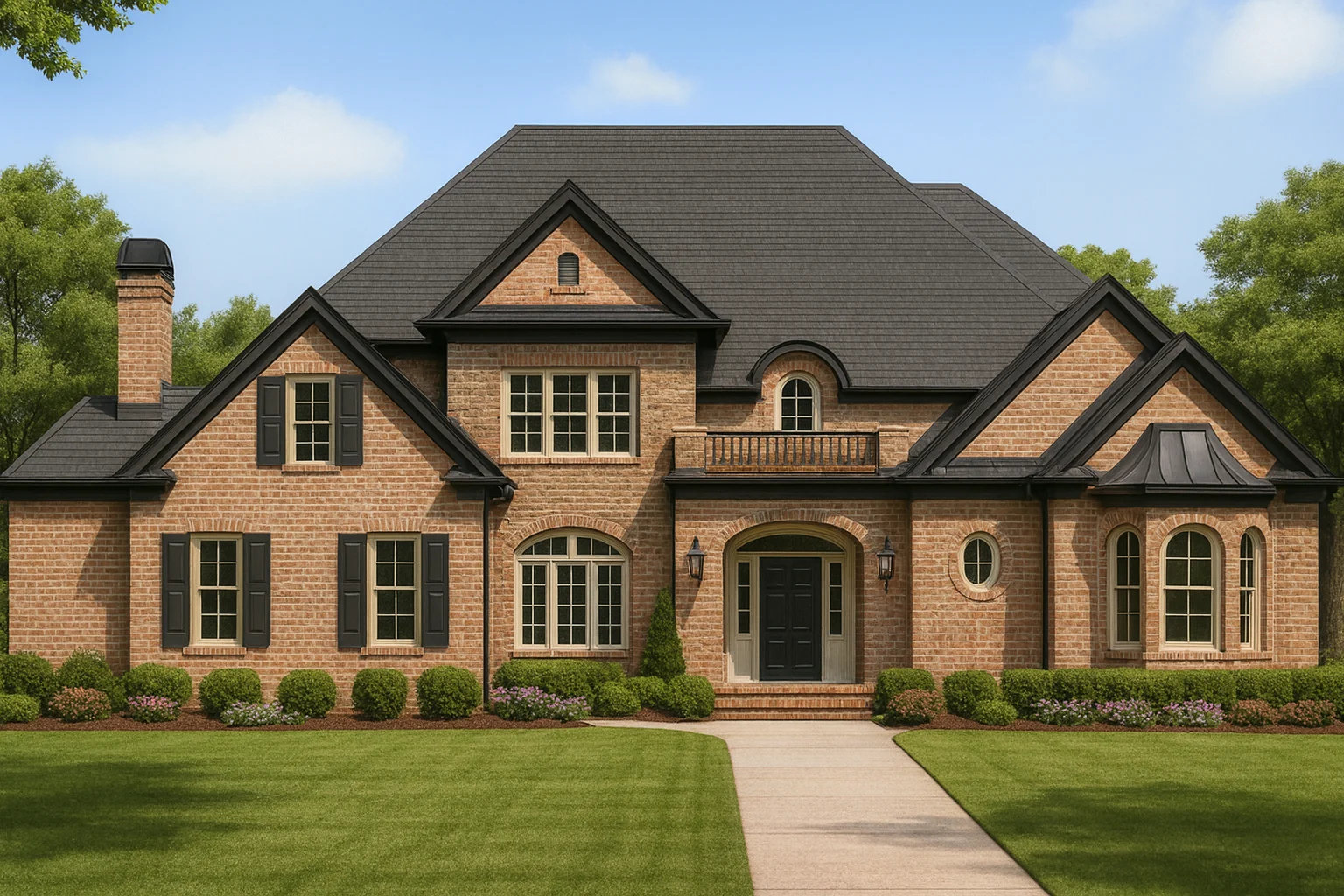 Front exterior view of a Traditional Colonial style home with Georgian influences, brick façade, symmetrical windows, dark shutters, and classic entry