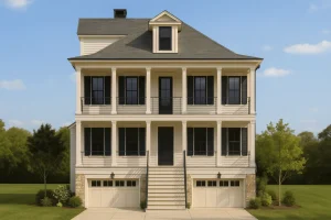 Charleston-style coastal home with elegant double porches, raised foundation, and traditional southern architectural details