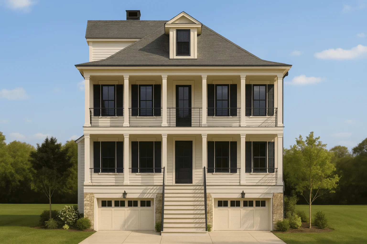 Charleston-style coastal home with elegant double porches, raised foundation, and traditional southern architectural details