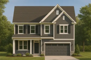 Front elevation of a two-story Traditional Colonial home featuring board and batten siding, horizontal lap siding, stone base accents, and a gable roof over a two-car garage