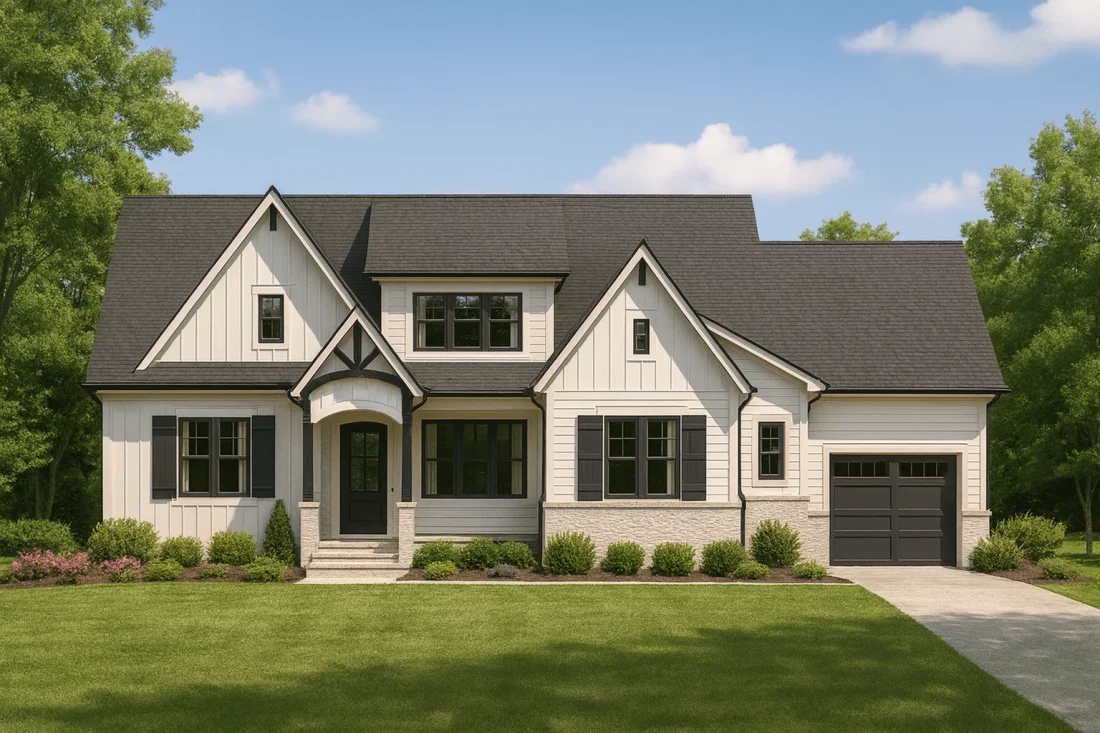 Front view of Modern Farmhouse style home featuring white board and batten siding, light brick base, black windows, and dark shingle roof