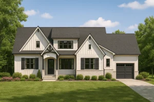 Front view of Modern Farmhouse style home featuring white board and batten siding, light brick base, black windows, and dark shingle roof